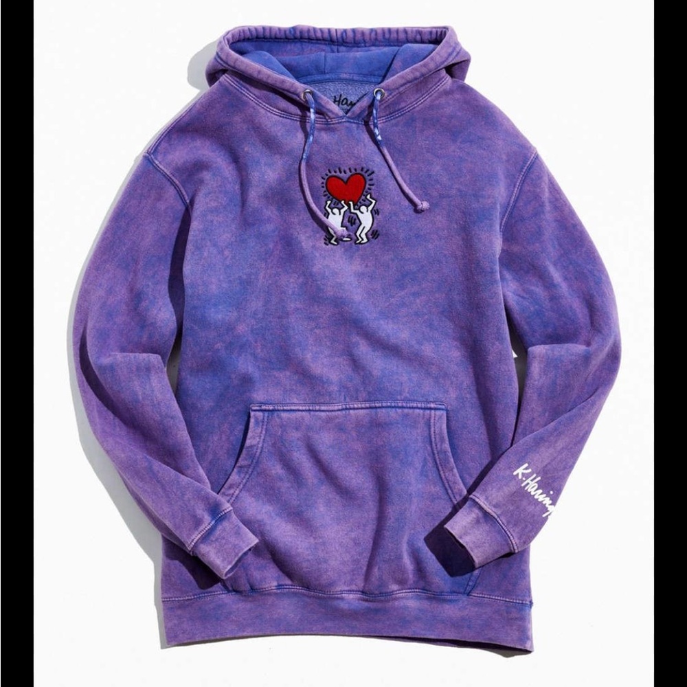 Purple Acid Wash Hoodie with Keith Haring Dancing Heart Embroidered Graphic.
